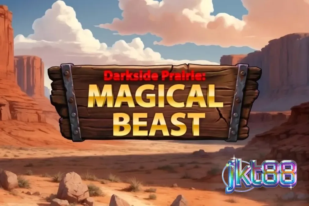 Pemandangan atmosferik dari slot Darkside Prairie: Magical Beasts dengan latar belakang tebing dan bison.